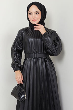 Kemerli Piliseli Deri Elbise Siyah HM2601