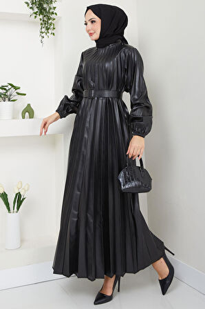 Kemerli Piliseli Deri Elbise Siyah HM2601