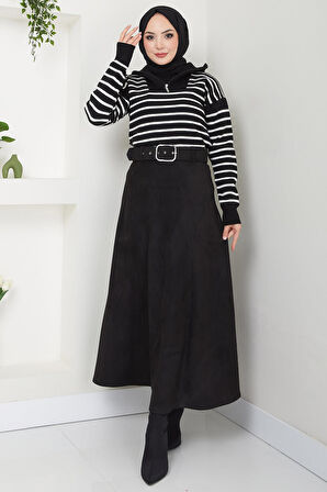 Kemerli Süet Mevlana Etek Siyah HM2607