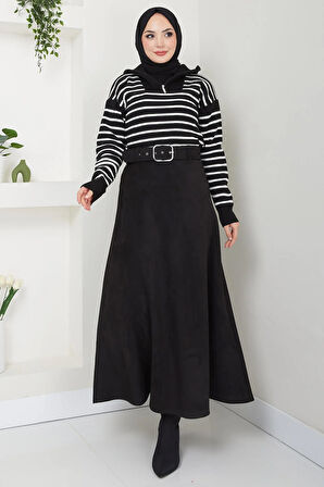 Kemerli Süet Mevlana Etek Siyah HM2607