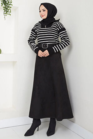 Kemerli Süet Mevlana Etek Siyah HM2607