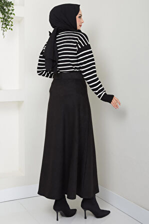 Kemerli Süet Mevlana Etek Siyah HM2607