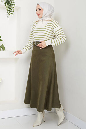 Kemerli Süet Mevlana Etek Haki HM2607