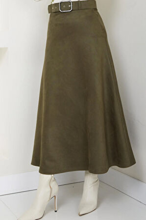Kemerli Süet Mevlana Etek Haki HM2607