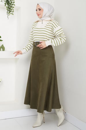 Kemerli Süet Mevlana Etek Haki HM2607