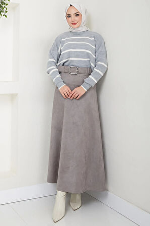 Kemerli Süet Mevlana Etek Gri HM2607
