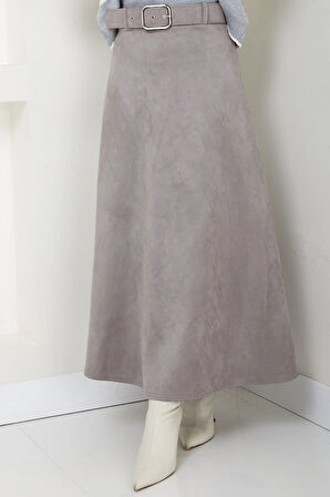 Kemerli Süet Mevlana Etek Gri HM2607