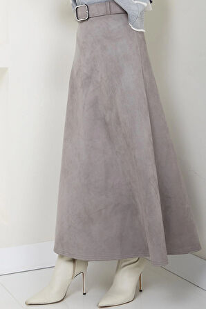 Kemerli Süet Mevlana Etek Gri HM2607