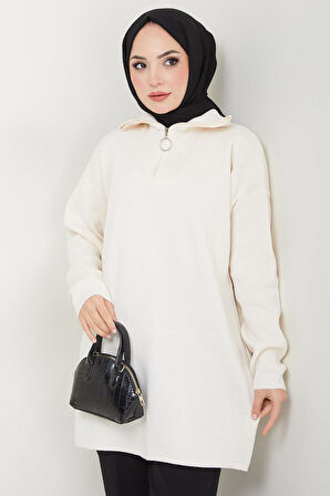 Yakası Fermuarlı Tek Renk Triko Tunik Krem HM2610