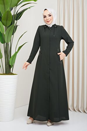 Kapüşonlu Fermuarlı Haki Ferace