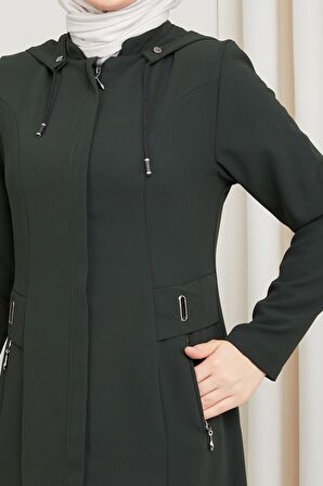 Kapüşonlu Fermuarlı Haki Ferace