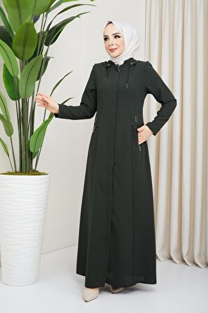 Kapüşonlu Fermuarlı Haki Ferace