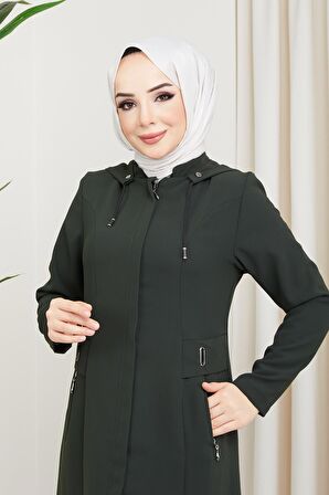 Kapüşonlu Fermuarlı Haki Ferace