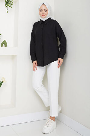Tek Cepli Uzun Kol Oversize Keten Gömlek Siyah HM2651