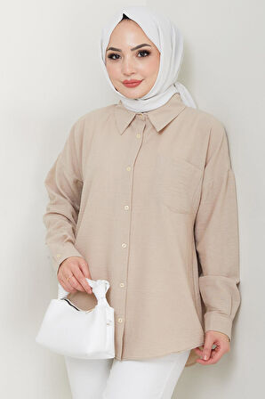 Tek Cepli Uzun Kol Oversize Keten Gömlek Bej HM2651