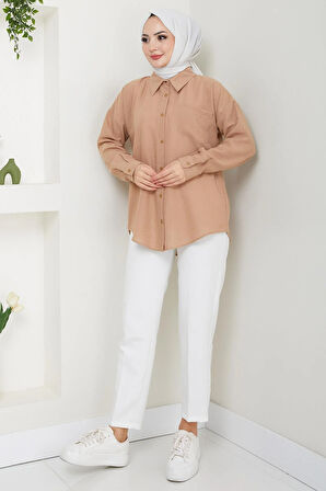 Tek Cepli Uzun Kol Oversize Keten Gömlek Vizon HM2651