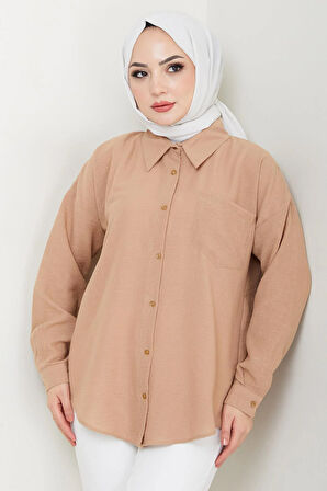 Tek Cepli Uzun Kol Oversize Keten Gömlek Vizon HM2651