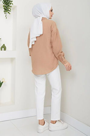 Tek Cepli Uzun Kol Oversize Keten Gömlek Vizon HM2651