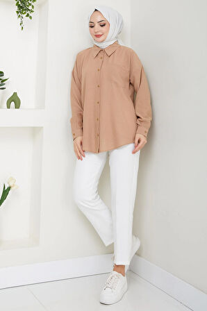 Tek Cepli Uzun Kol Oversize Keten Gömlek Vizon HM2651