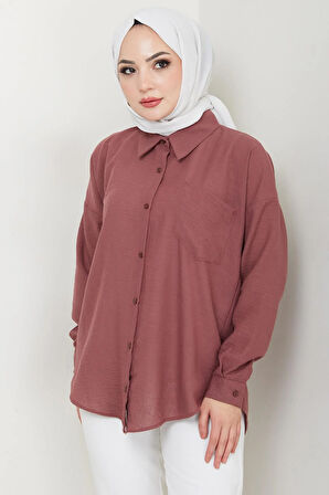Tek Cepli Uzun Kol Oversize Keten Gömlek Gül Kurusu HM2651