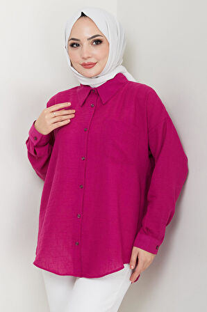 Tek Cepli Uzun Kol Oversize Keten Gömlek Fuşya HM2651