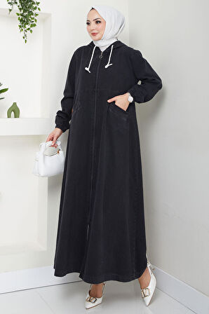 Kapşonlu Kot Ferace Siyah HM2653