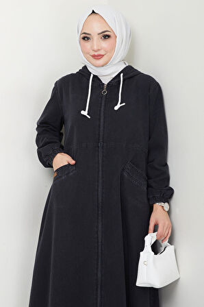 Kapşonlu Kot Ferace Siyah HM2653