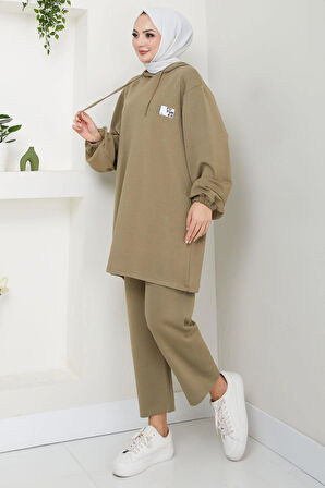 Arma Detaylı Kapüşonlu İkili Takım Vizon HM2654