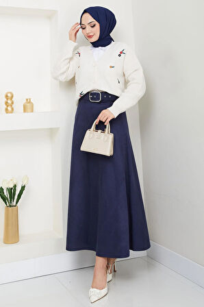Kemerli Süet Mevlana Etek Lacivert HM2607