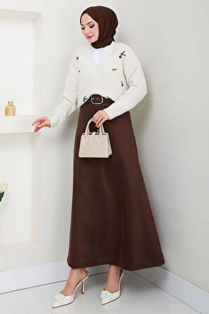 Kemerli Süet Mevlana Etek Kahverengi HM2607