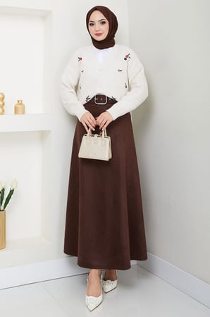 Kemerli Süet Mevlana Etek Kahverengi HM2607