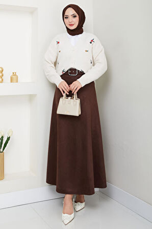 Kemerli Süet Mevlana Etek Kahverengi HM2607
