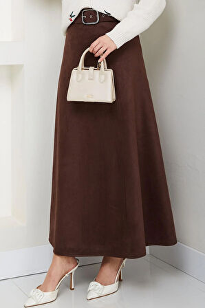 Kemerli Süet Mevlana Etek Kahverengi HM2607