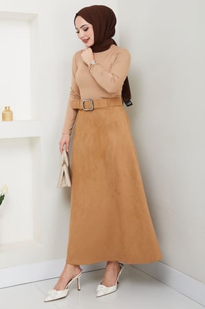 Kemerli Süet Mevlana Etek Camel HM2607