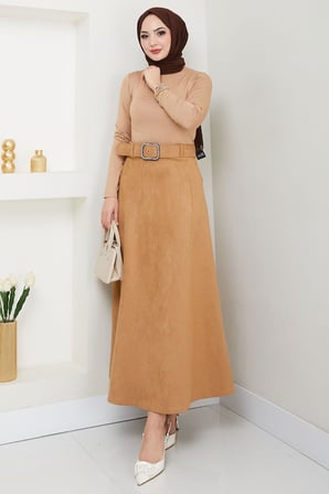 Kemerli Süet Mevlana Etek Camel HM2607