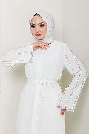 Kolu Taşlı Gizli Patlı Ferace Beyaz HM2152