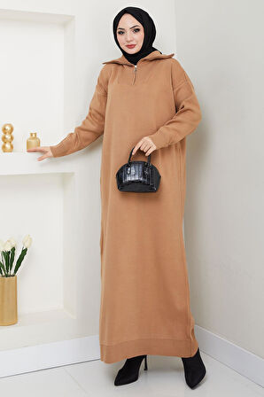 Fermuarlı Boğazlı Triko Elbise Camel HM2531
