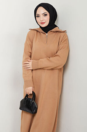 Fermuarlı Boğazlı Triko Elbise Camel HM2531