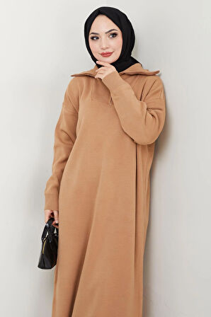 Fermuarlı Boğazlı Triko Elbise Camel HM2531