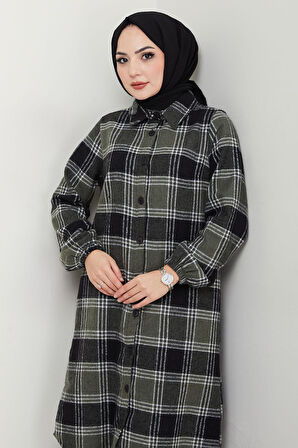 Uzun Ekose Oduncu Gömlek Tunik Haki HM2652