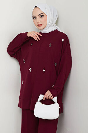 Taş Detaylı İkili Takım Bordo HM2665