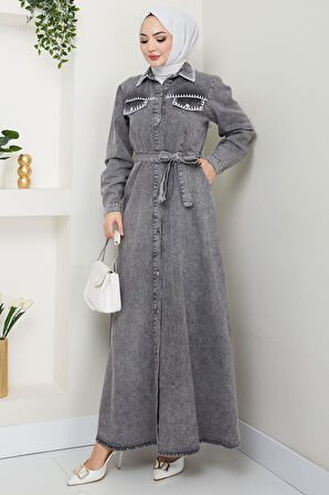 Nakış Detaylı Kuşaklı Düğmeli Kot Elbise HM2669 Antrasit