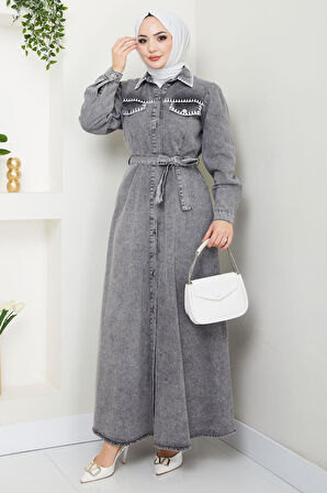 Nakış Detaylı Kuşaklı Düğmeli Kot Elbise HM2669 Antrasit