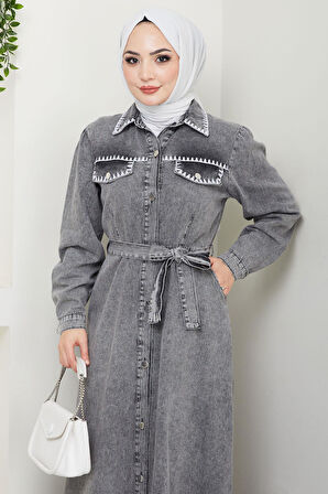 Nakış Detaylı Kuşaklı Düğmeli Kot Elbise HM2669 Antrasit