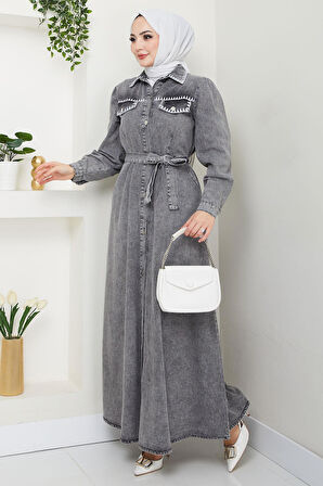 Nakış Detaylı Kuşaklı Düğmeli Kot Elbise HM2669 Antrasit