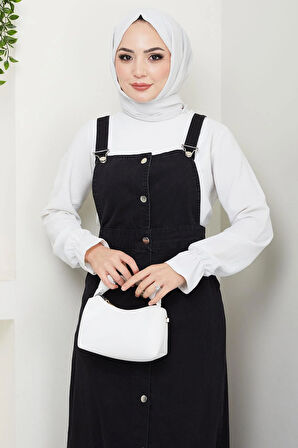 Eteği Fırfırlı Düğmeli Kot Salopet Elbise Siyah HM2672