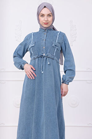 Eteği Püsküllü Düğmeli Bağlamalı Kot Elbise Mavi HM2673