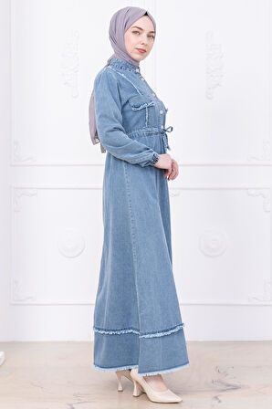 Eteği Püsküllü Düğmeli Bağlamalı Kot Elbise Mavi HM2673