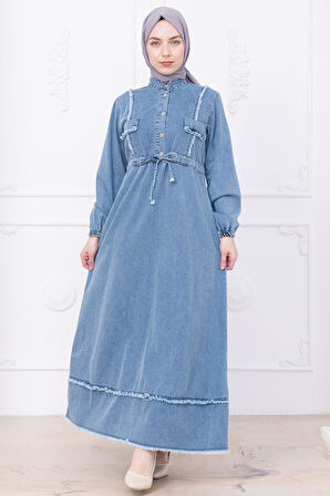 Eteği Püsküllü Düğmeli Bağlamalı Kot Elbise Mavi HM2673