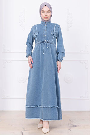 Eteği Püsküllü Düğmeli Bağlamalı Kot Elbise Mavi HM2673